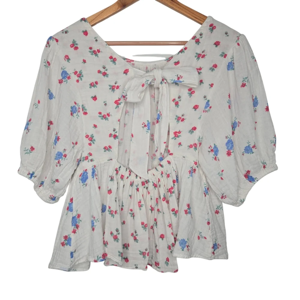 Free People White Floral Peasant Blouse with Pink & Teal Flowers